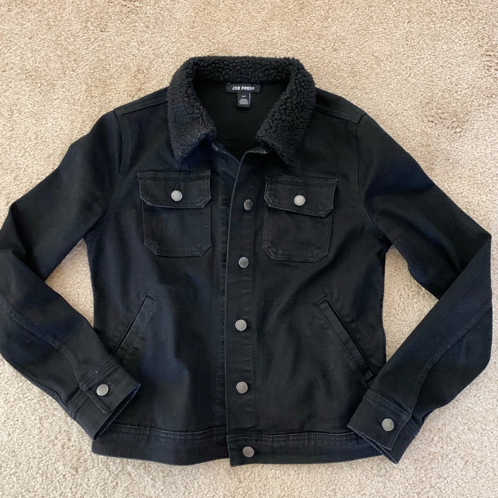 Denim Jean jacket black with Sherpa neck trim - Picture 1 of 3